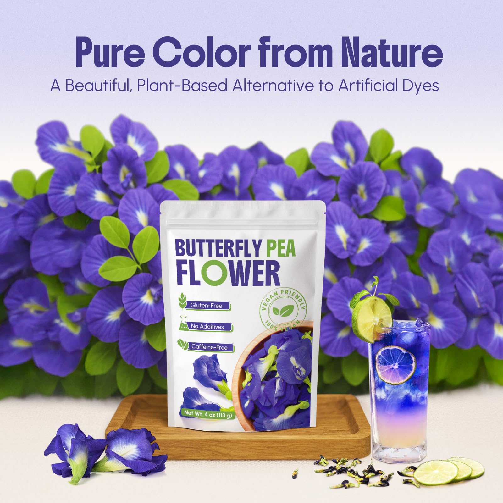 CCnature antioxidant-rich butterfly pea tea showcasing natural color properties