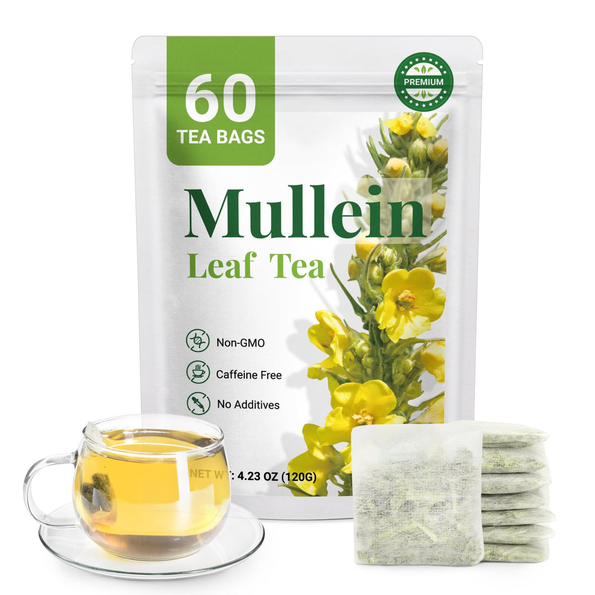 CCnature premium mullein tea bags pack, 60-count, convenient for daily ritual.