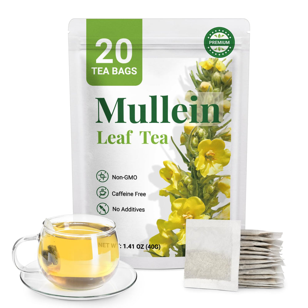 CCnature premium mullein tea bags beside a warm cup for daily calm.
