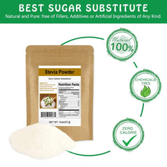 CCnature Stevia powder measuring guide demonstrates precise portions for baking and beverages.