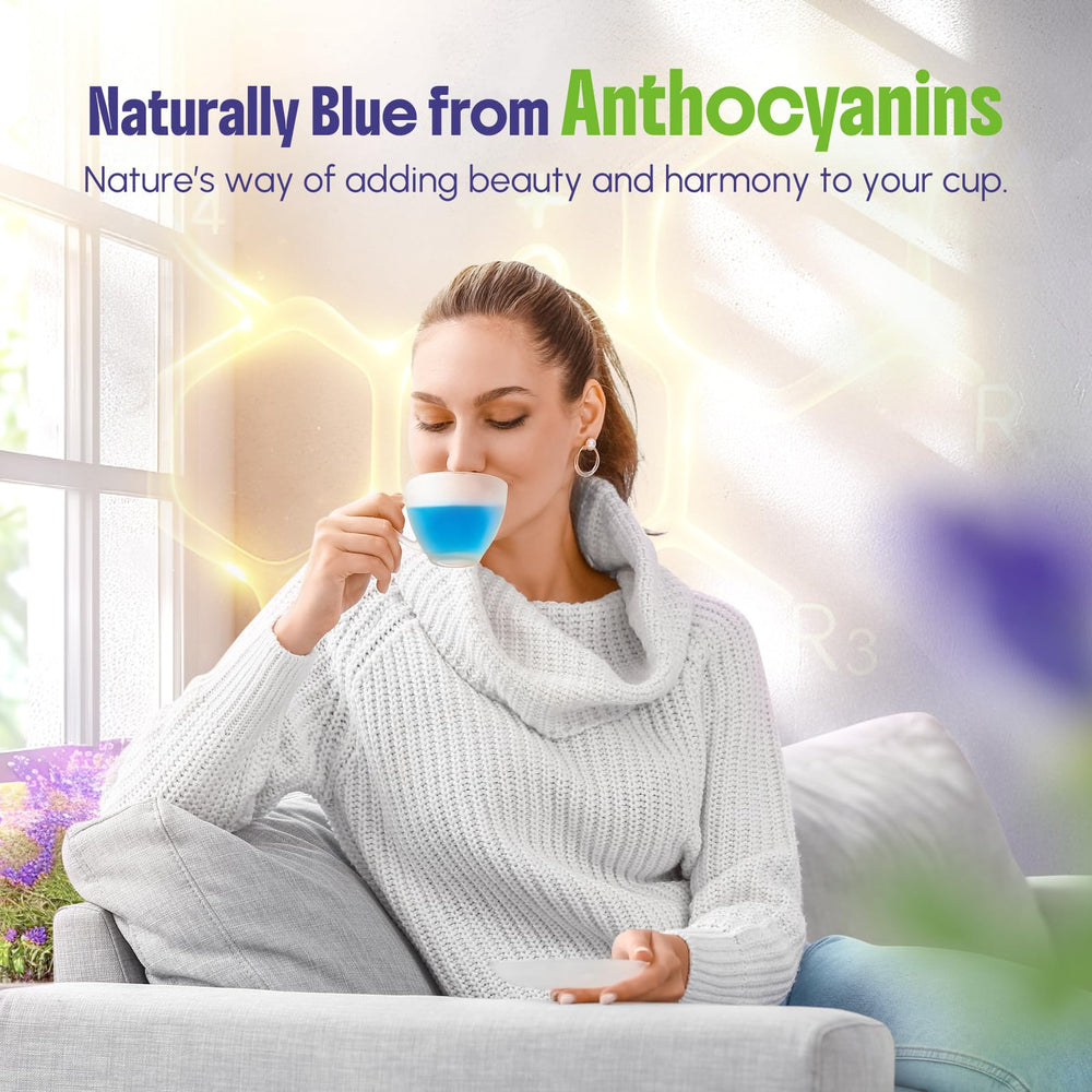CCnature butterfly pea tea in cup highlights calming, caffeine-free hydration