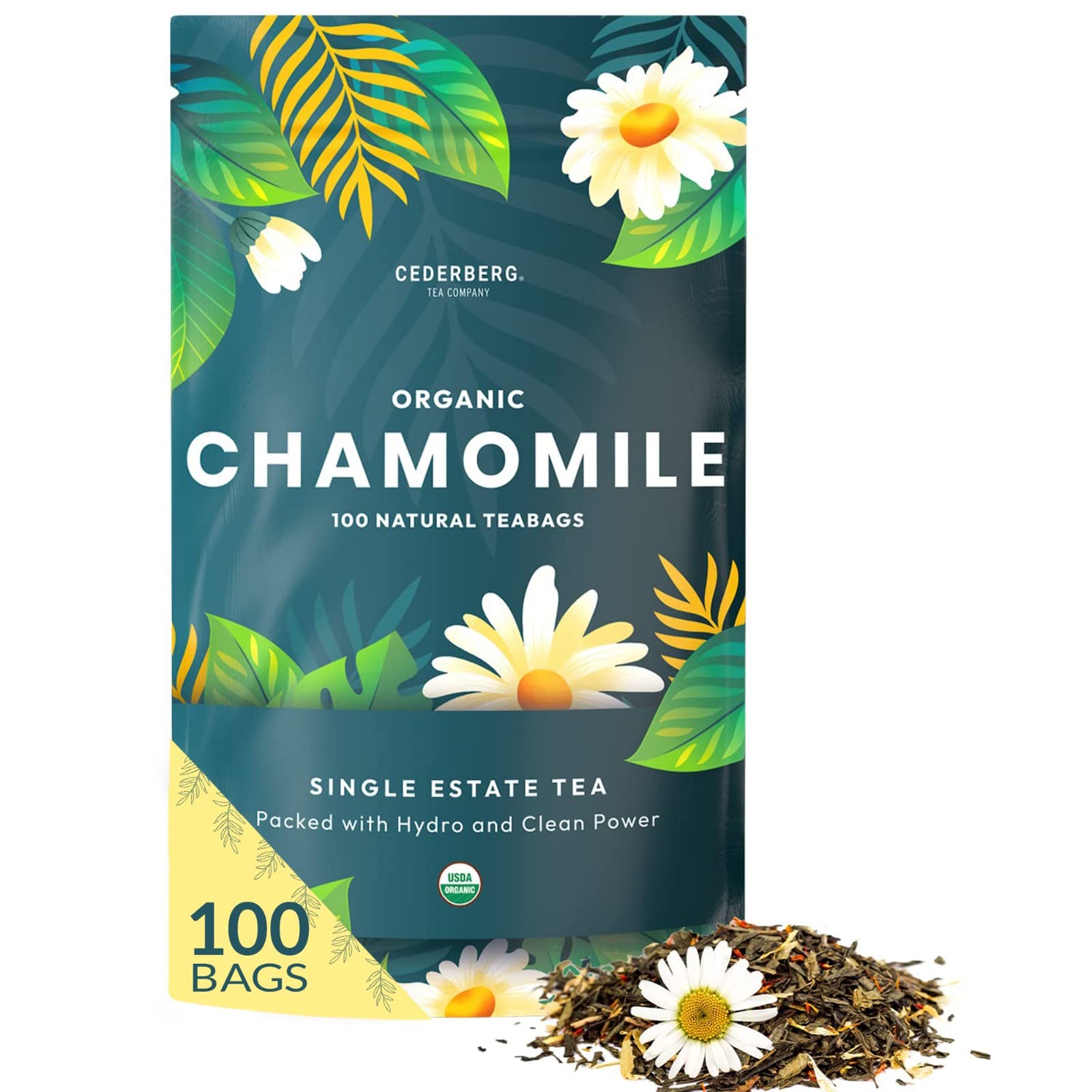 Cederberg Organic Chamomile Tea bags in a 100-count pouch for caffeine-free evenings