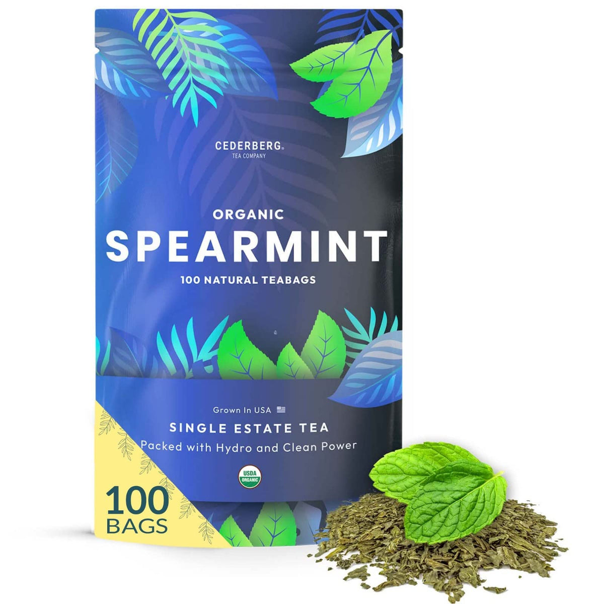Cederberg Organic Spearmint Tea Bags in 100-count box for caffeine-free enjoyment.