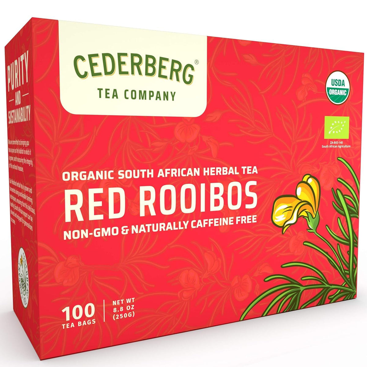 Cederberg Red Rooibos tea teabag close-up showing pure needle leaves for bold flavor.