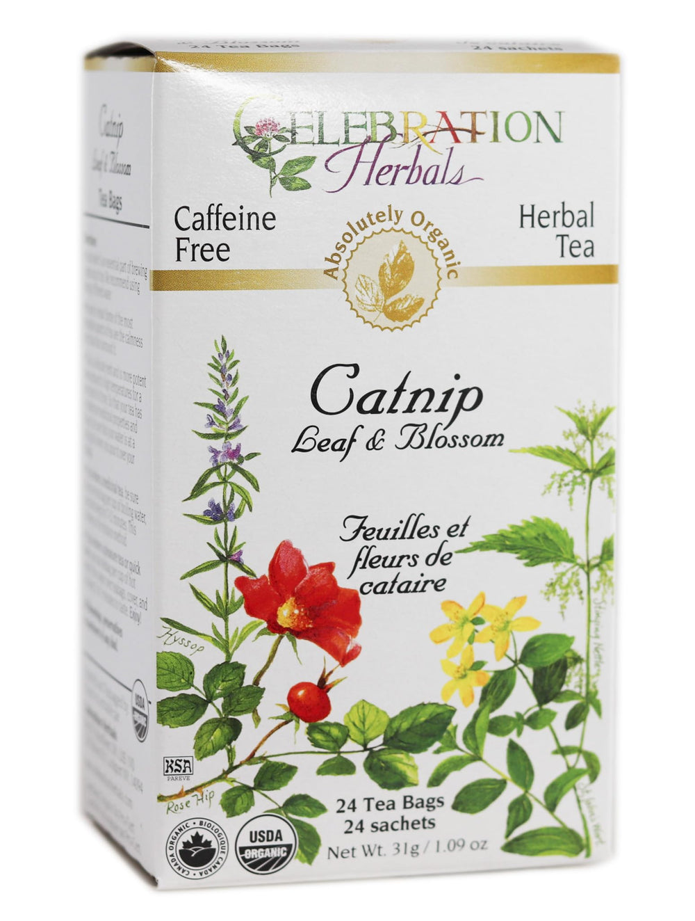 Celebration Herbals catnip tea bags front view promoting caffeine-free relaxation.