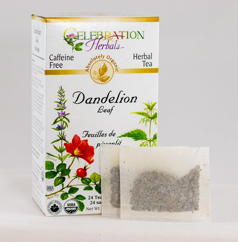 Celebration Herbals Dandelion Leaf Tea Bags back label highlighting organic ingredients