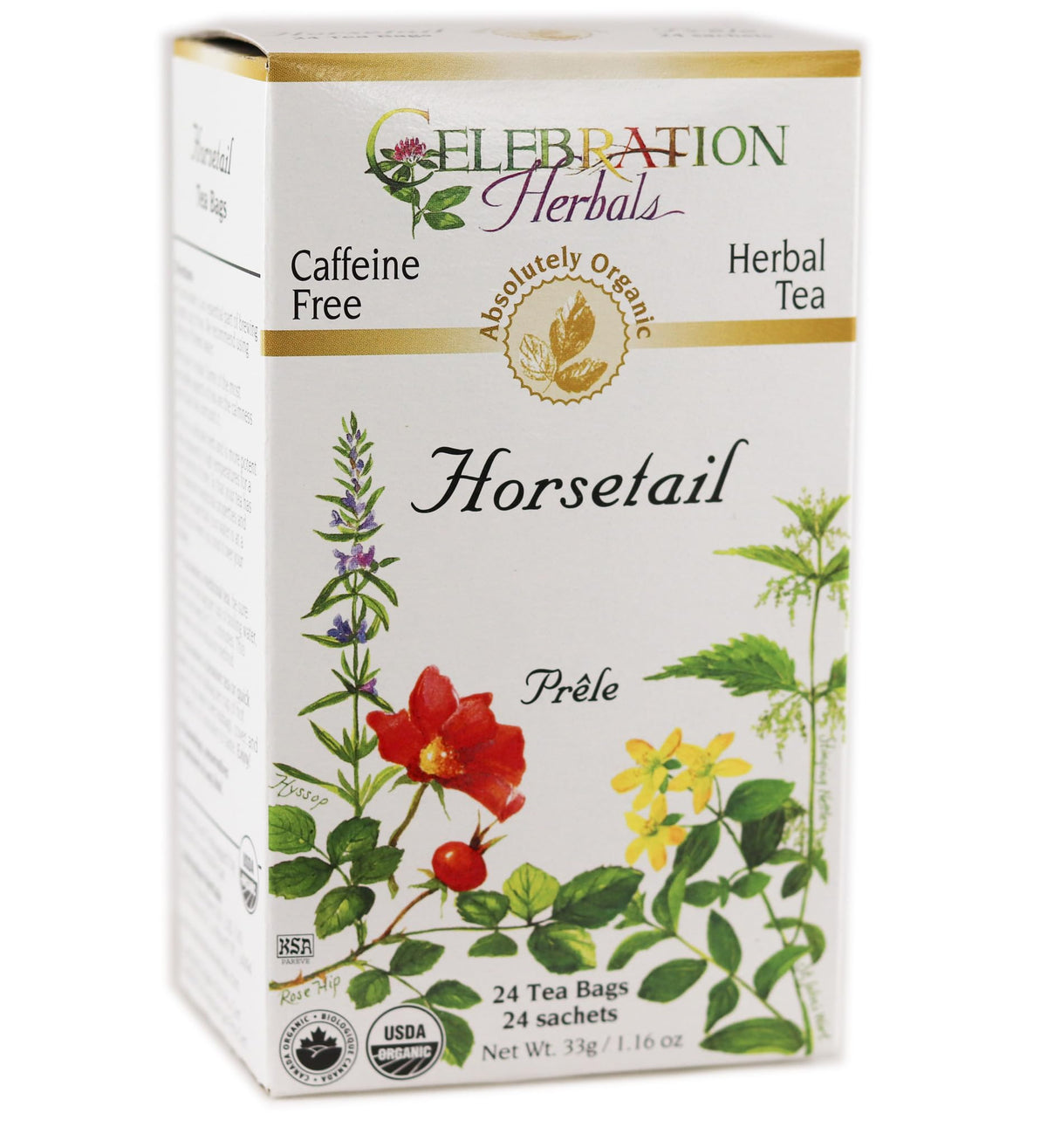 Celebration Herbals horsetail tea box displaying organic packaging for a calm tea ritual