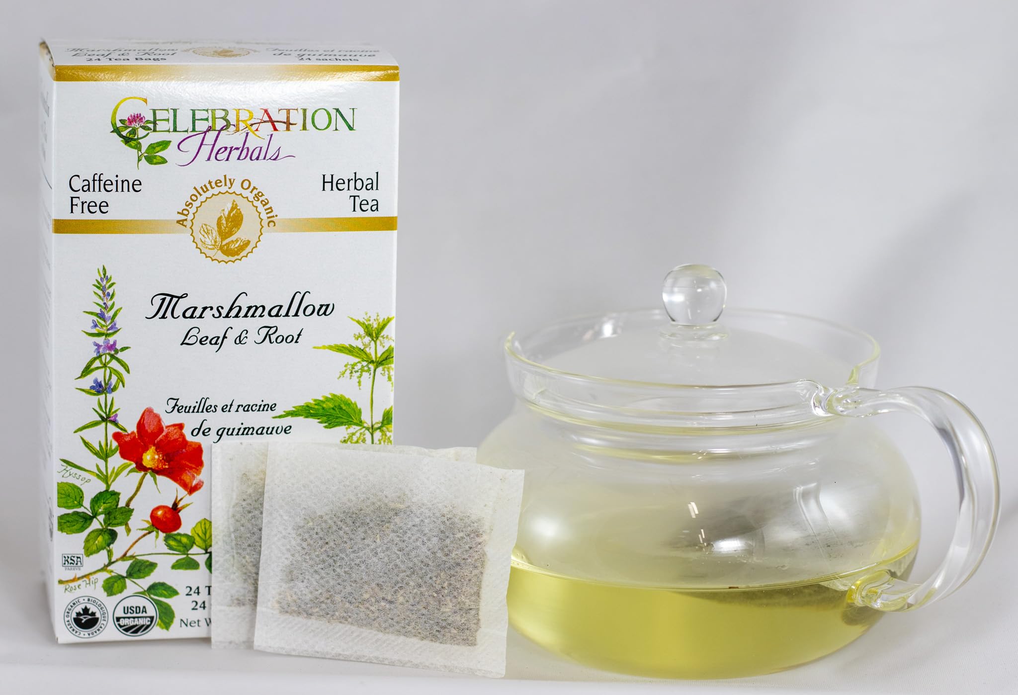 Celebration Herbals Marshmallow Root Tea box closeup highlighting herbal blend