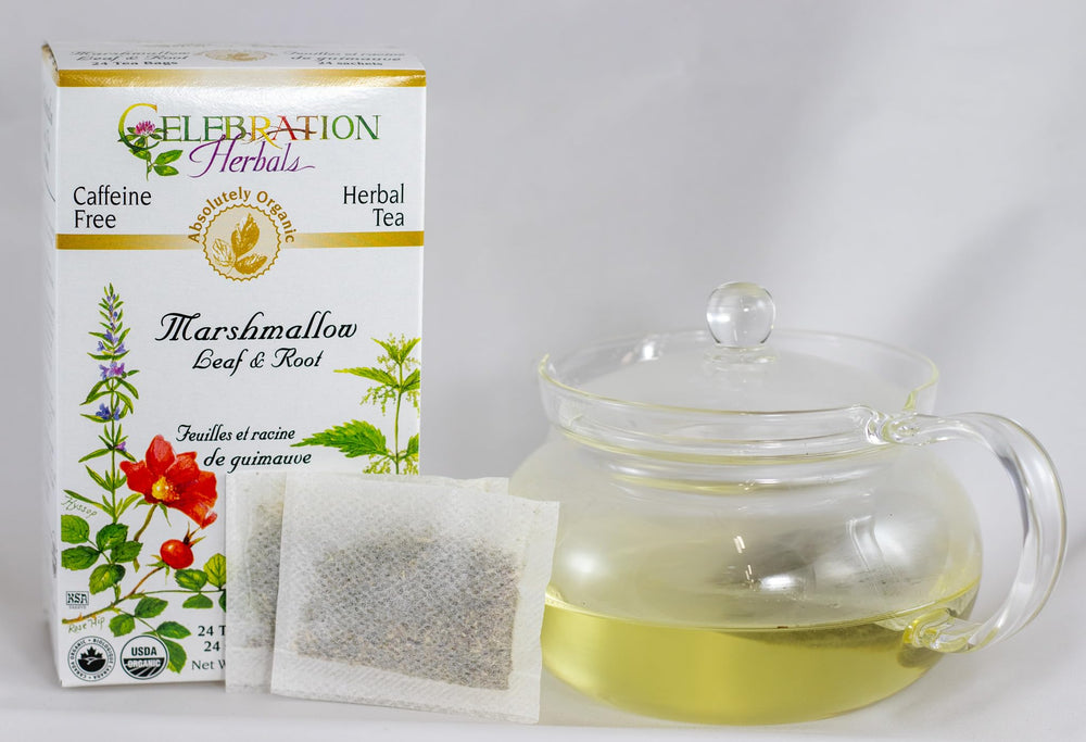 Celebration Herbals Marshmallow Root Tea box closeup highlighting herbal blend