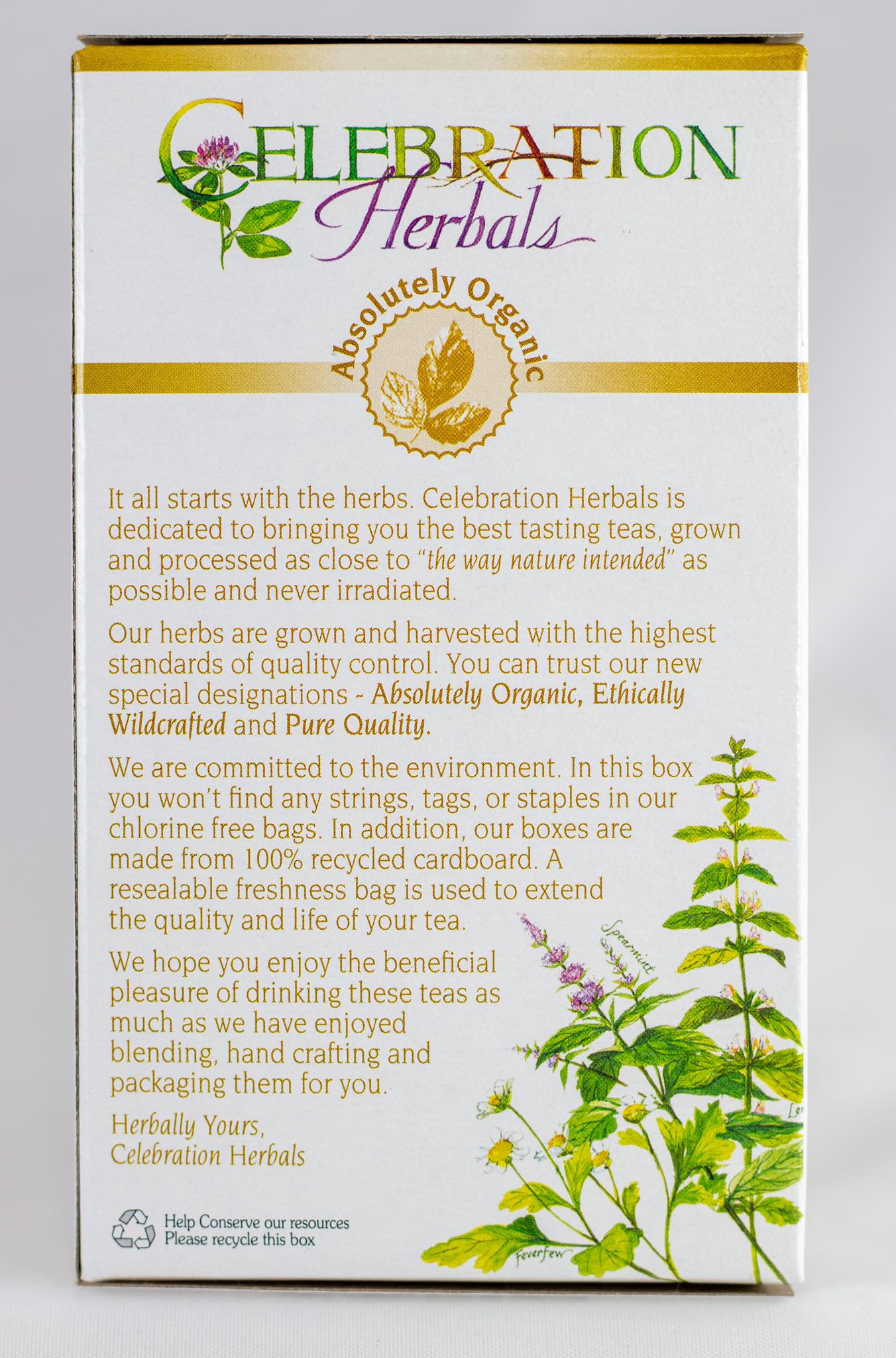 Celebration Herbals Marshmallow Root Tea label showcasing caffeine-free herbal history