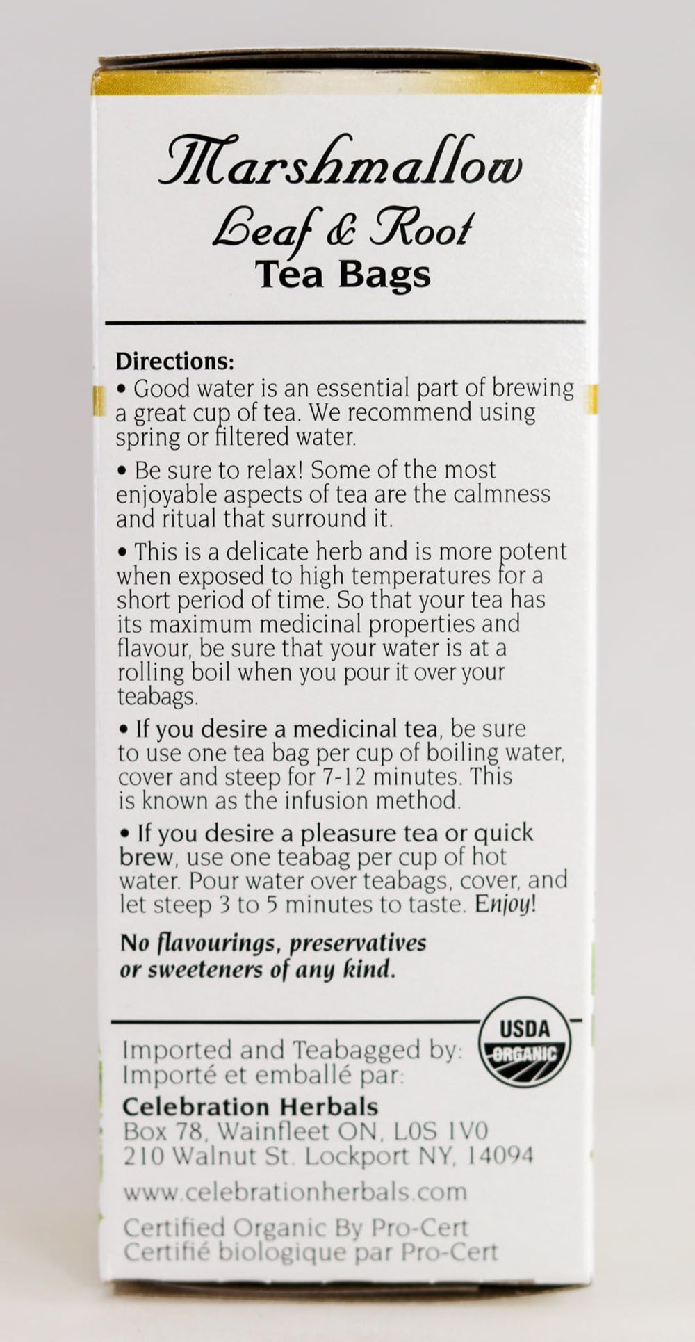 Celebration Herbals Marshmallow Root Tea steeped cup with mellow aroma