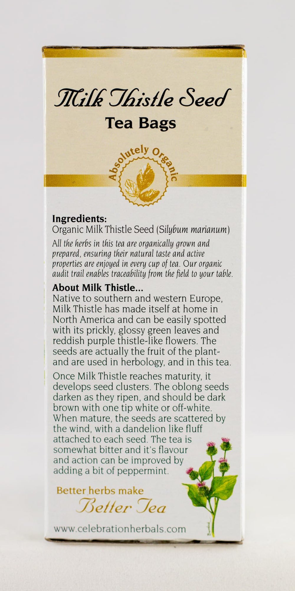 Celebration Herbals milk thistle tea bag closeup highlights natural ingredients