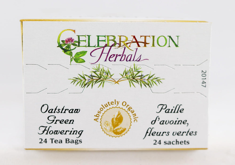 Celebration Herbals Oatstraw Green Flowering Tea steeped aroma rising from cup.