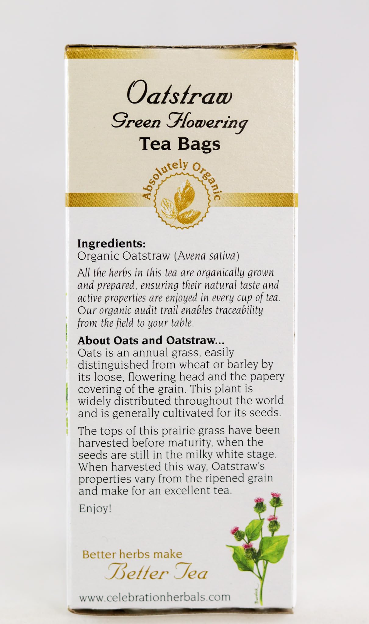Celebration Herbals Organic Oatstraw Green Flowering Tea bloom ceremony with delicate leaves.