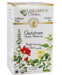 Celebration Herbals Organic Oatstraw Green Flowering Tea packaging close-up for eco-friendly choice.