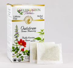 Celebration Herbals Oatstraw Green Flowering Tea steeping in a cup, ideal for relaxing breaks.