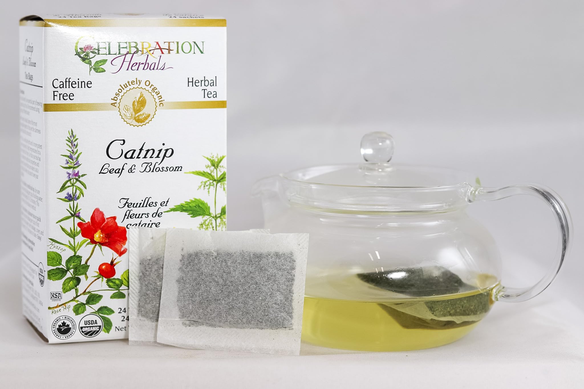 Celebration Herbals organic catnip tea bags packaging with eco-friendly branding.