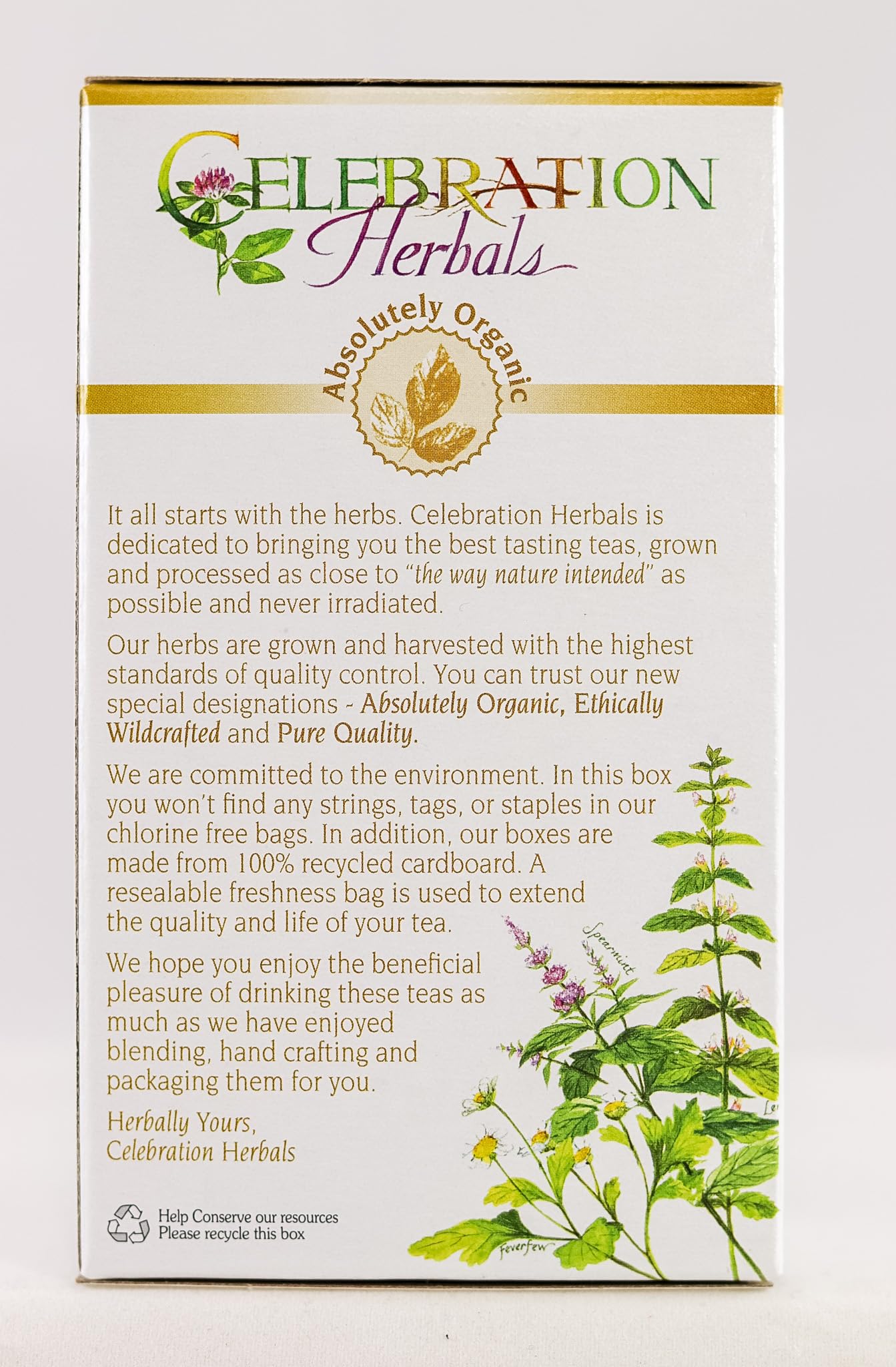 Organic and pure quality seals on Celebration Herbals thyme tea packaging.