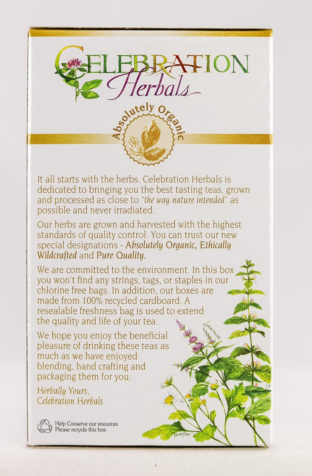 Organic and pure quality seals on Celebration Herbals thyme tea packaging.