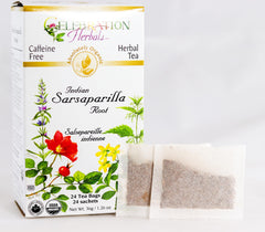 Celebration Herbals Organic Sarsaparilla Root Tea Bags box on kitchen counter, easy prep.