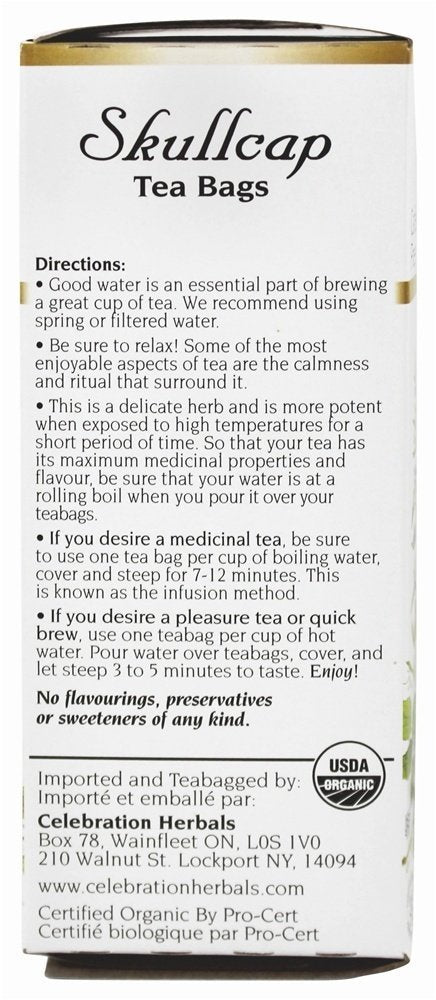 Celebration Herbals organic skullcap tea bags pack, demonstrating easy brewing and quality sourcing.