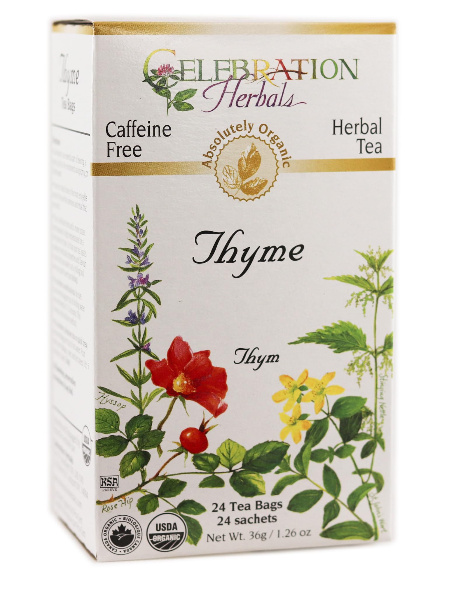 Celebration Herbals organic thyme tea bags in a box for a soothing post-meal ritual.