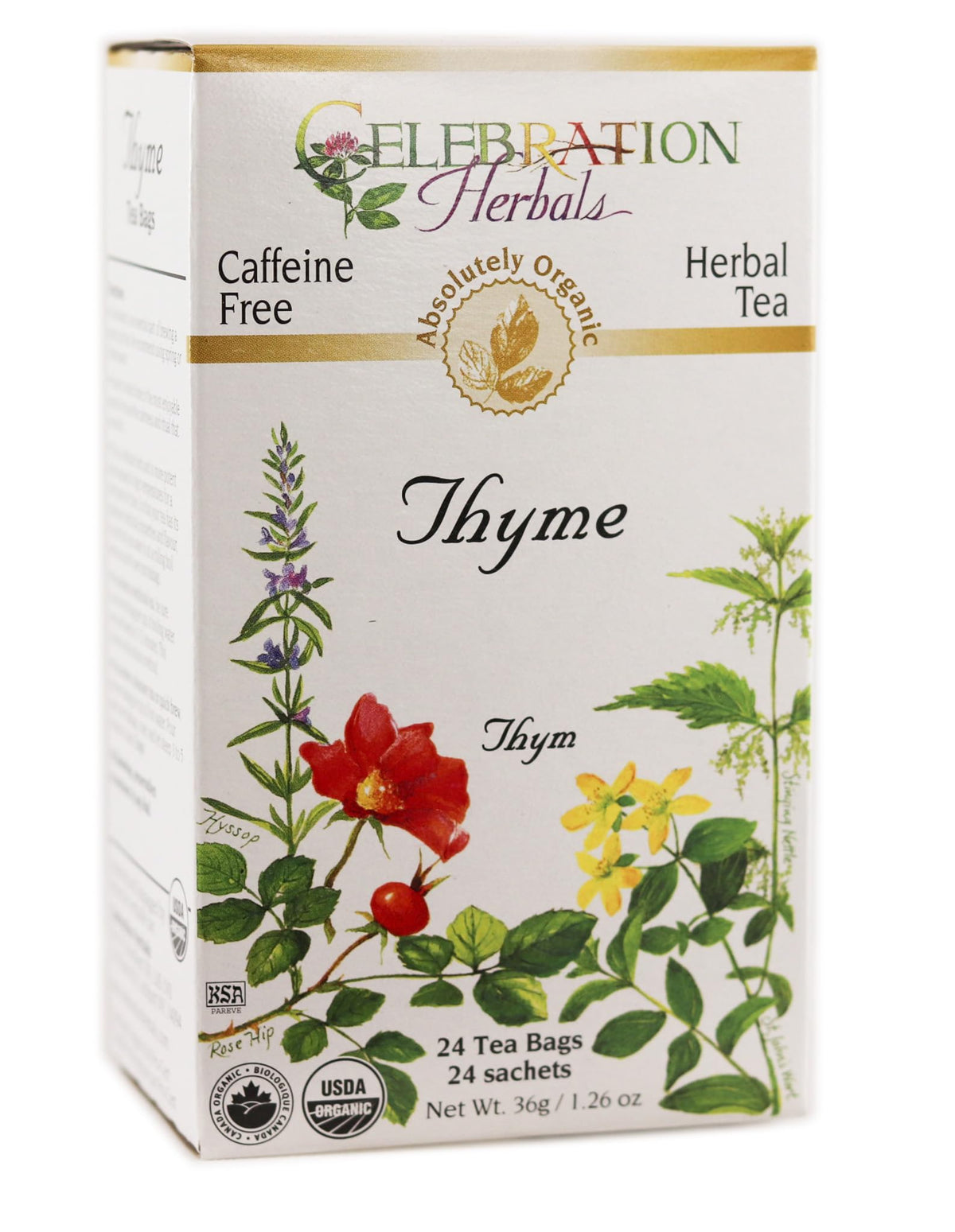 Celebration Herbals organic thyme tea bags in a box for a soothing post-meal ritual.