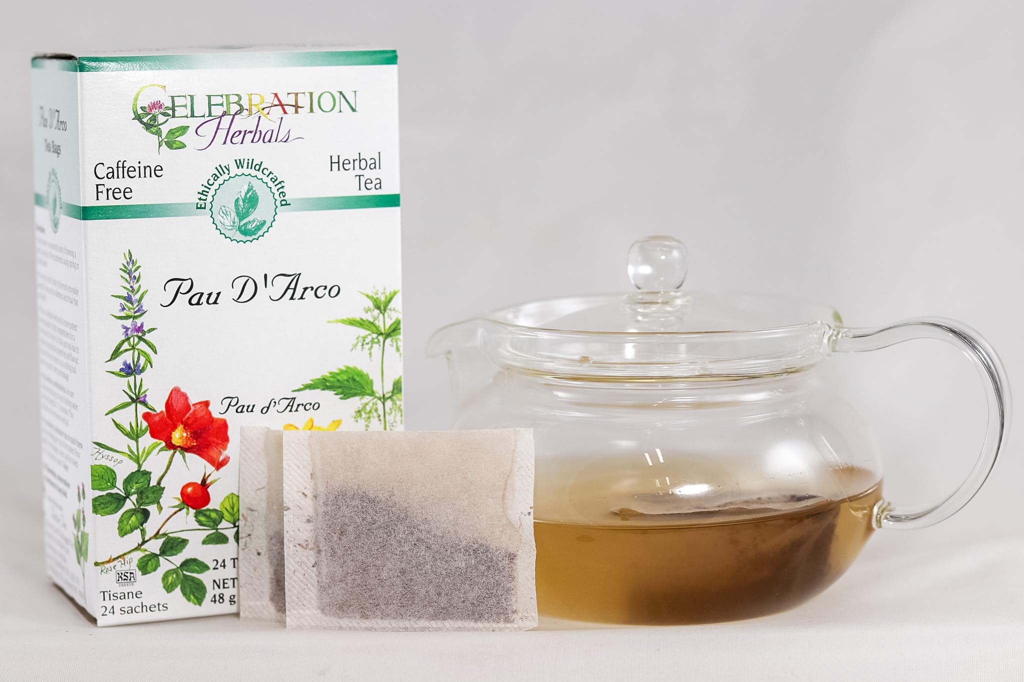 Close-up sachets of Celebration Herbals Pau D'Arco tea bags for daily use