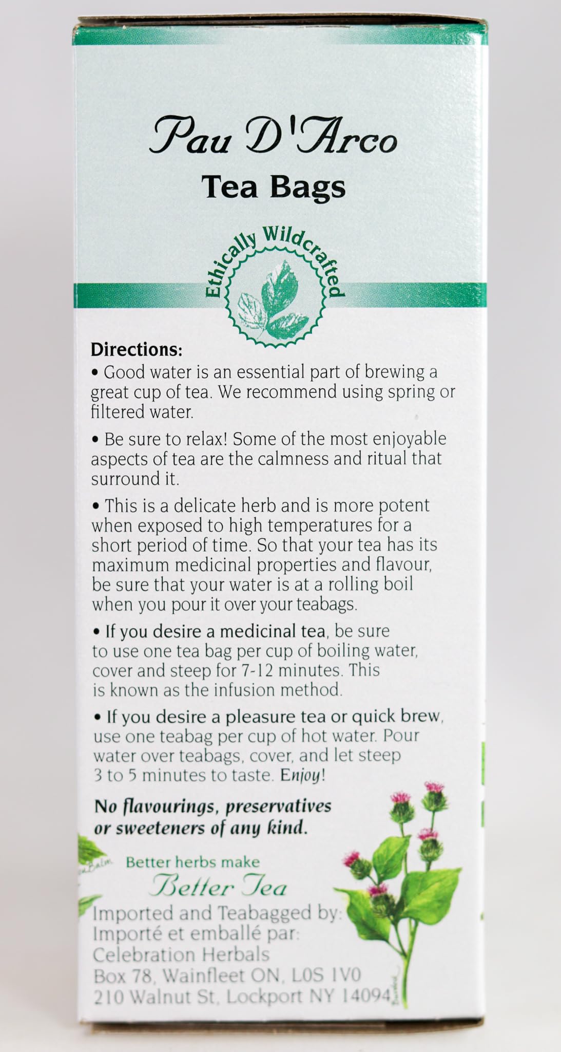 Label design close-up of Celebration Herbals Pau D'Arco tea bags