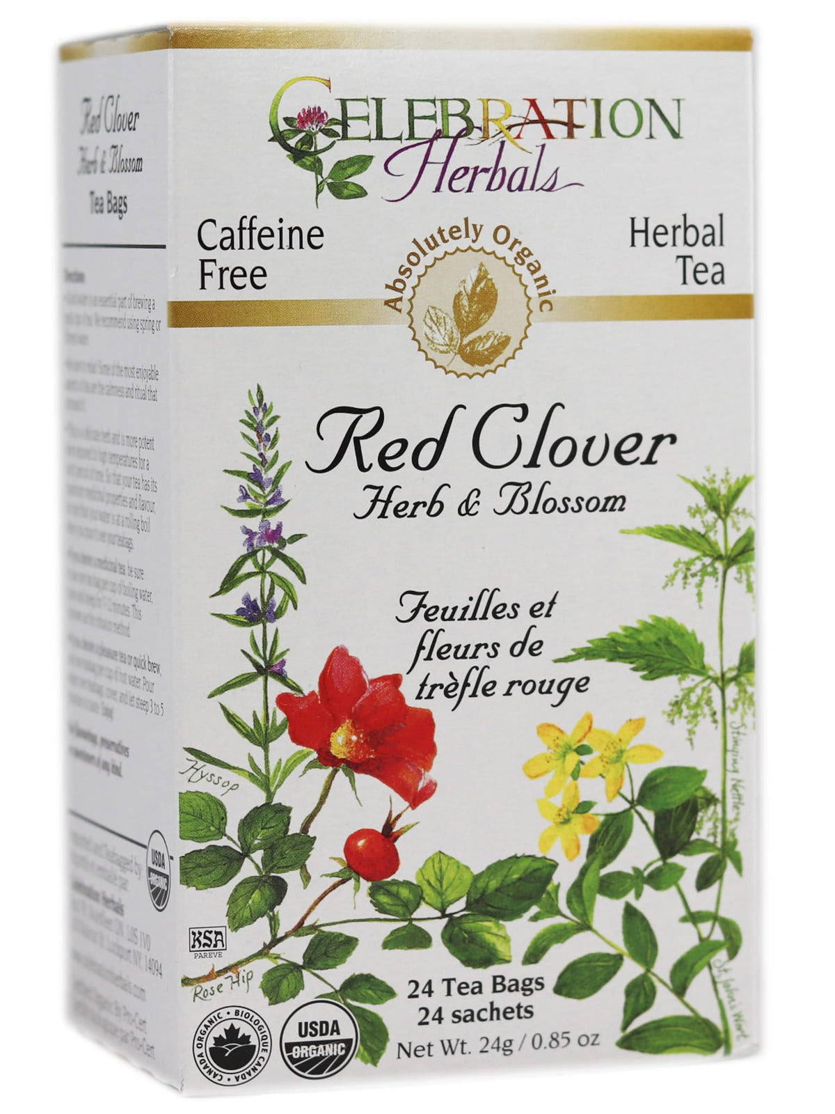 Celebration Herbals red clover tea bags ready for a caffeine-free infusion