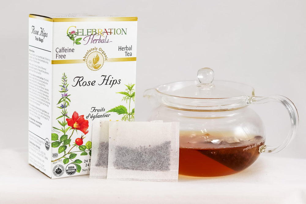 Celebration Herbals Rose Hips Tea brewed cup captures soothing aroma