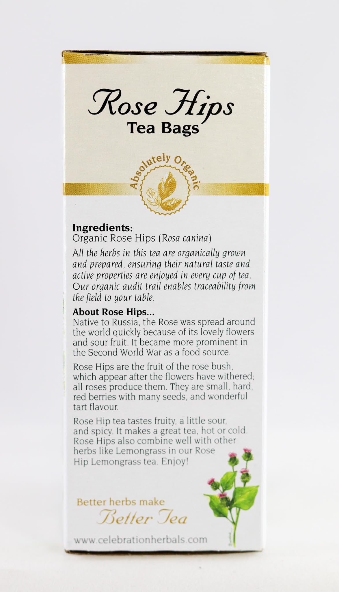 Celebration Herbals Rose Hips Tea labels highlight organic provenance