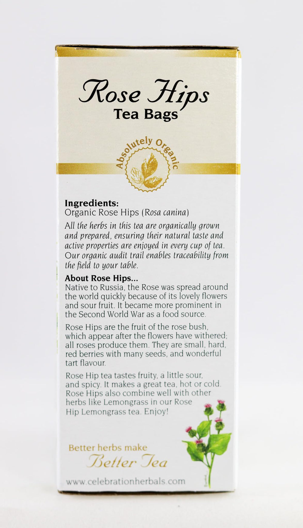 Celebration Herbals Rose Hips Tea labels highlight organic provenance