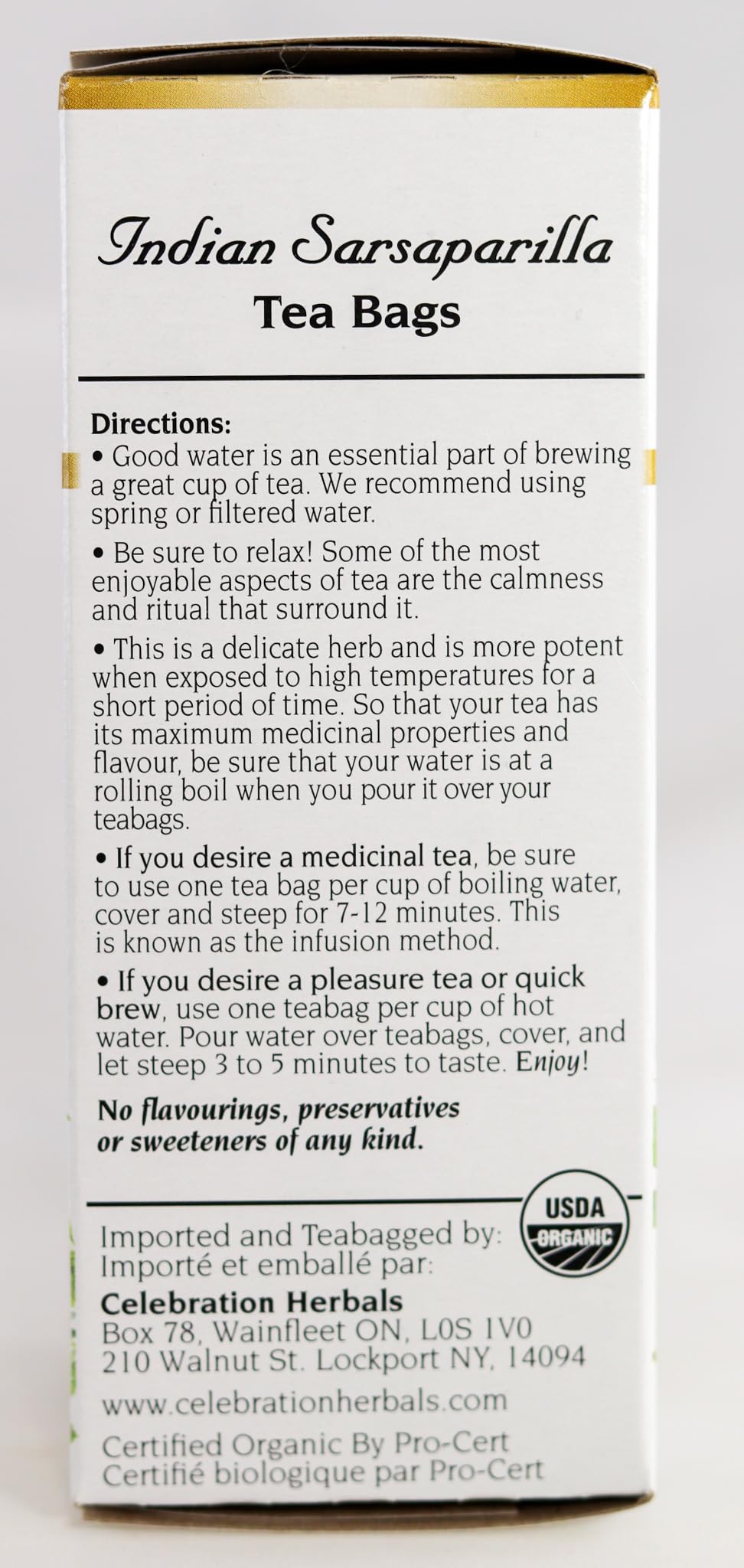 Celebration Herbals Sarsaparilla Root label showing organic certification.