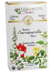 Celebration Herbals Sarsaparilla Root tea bag steeping in mug; soothing ritual for relaxation.
