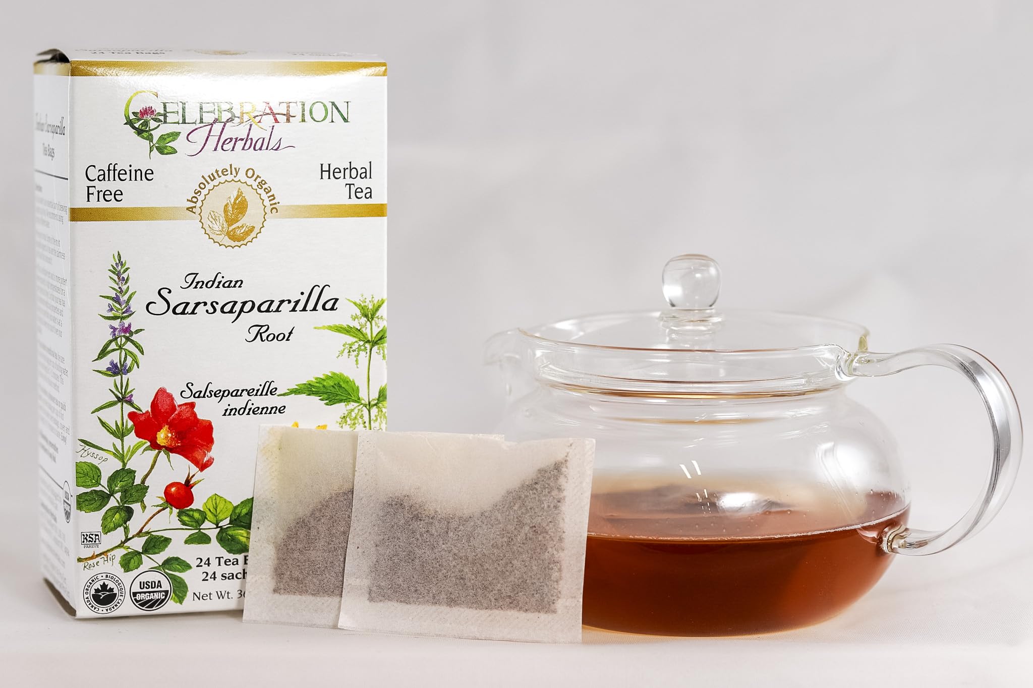 Cup of Celebration Herbals Sarsaparilla Root tea steaming with inviting aroma.