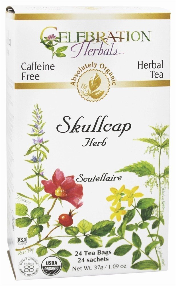 Celebration Herbals skullcap tea bags front packaging, showcasing an organic relaxation blend.