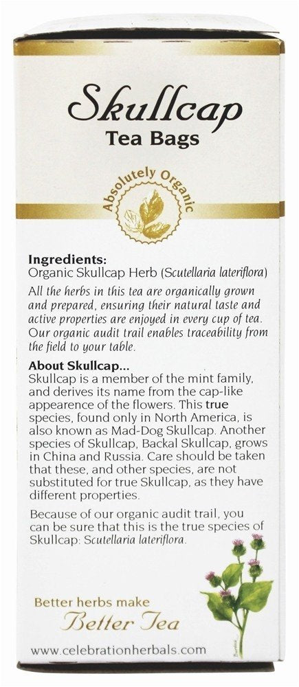 Celebration Herbals skullcap tea bags in cup, highlighting soothing aroma and gentle flavor.