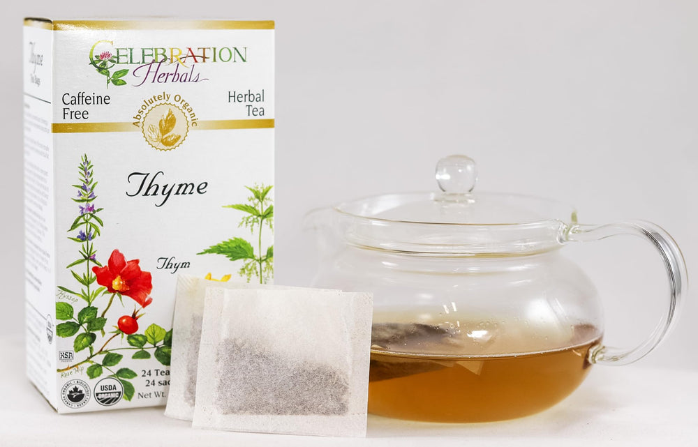 Thyme tea bag steeping releases fragrant aroma inviting calm after meals.