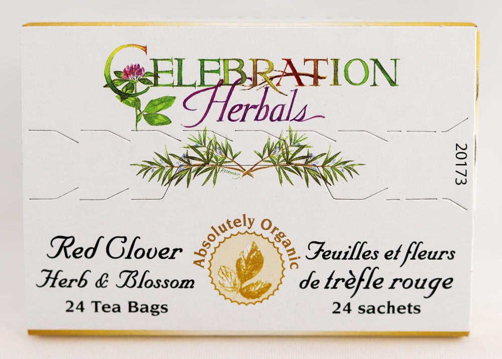 Celebration Herbals red clover tea bags packaging highlighting organic blend