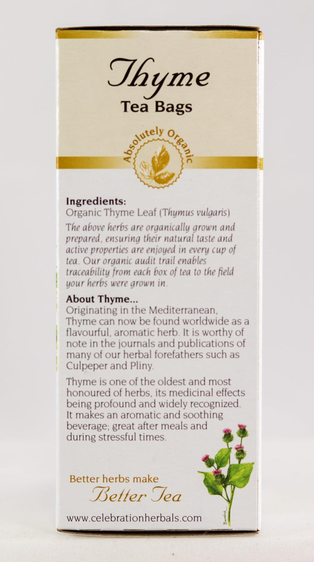 Close-up of Celebration Herbals thyme leaves releasing a soothing herb aroma.