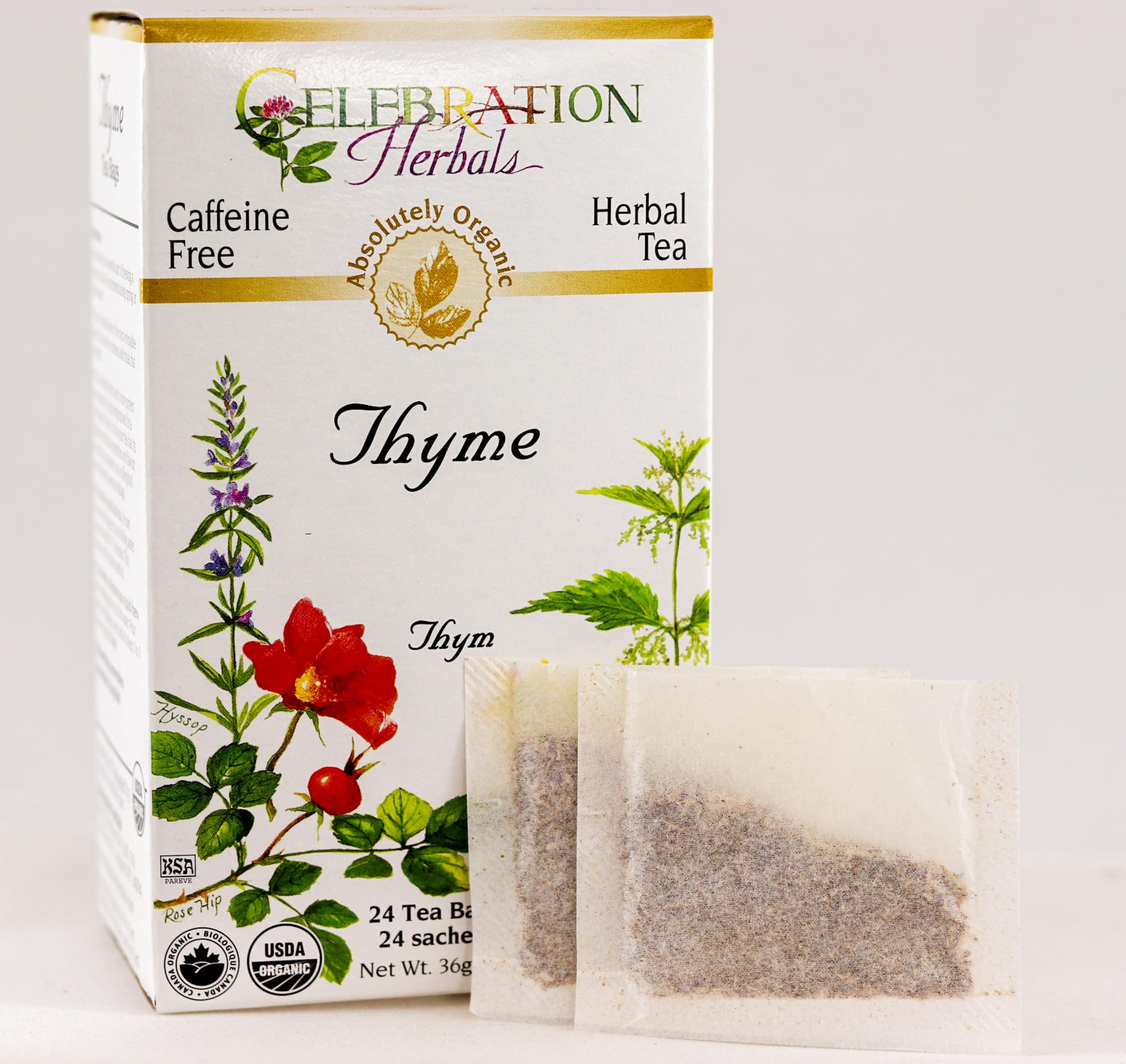 Celebration Herbals thyme tea box shows 24 bags for convenient daily brewing.