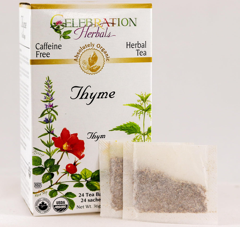 Celebration Herbals thyme tea box shows 24 bags for convenient daily brewing.