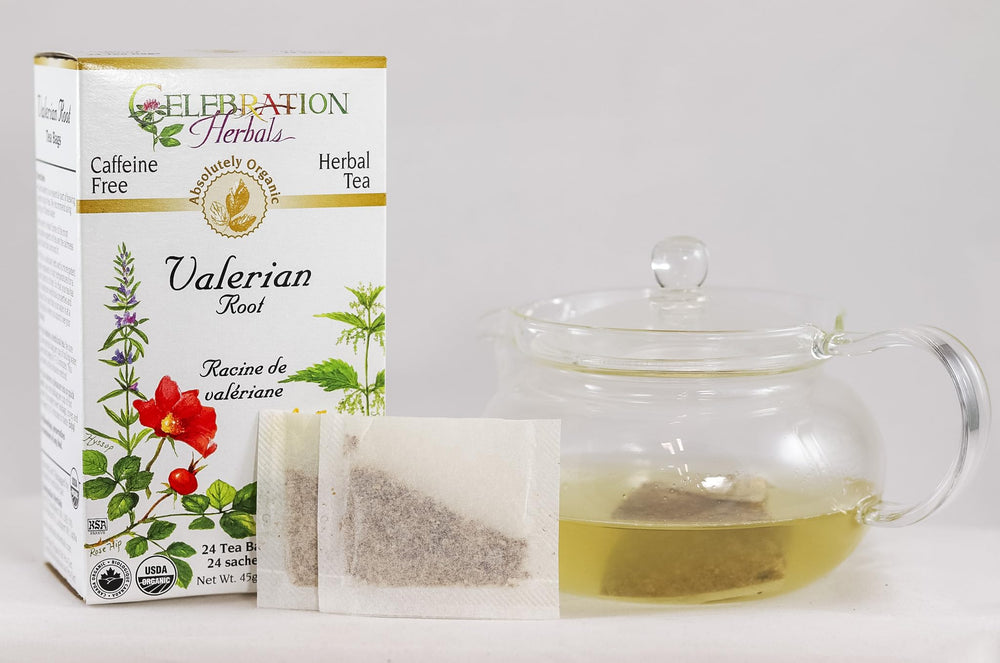 Celebration Herbals Valerian Root Organic Tea packaging showing quality