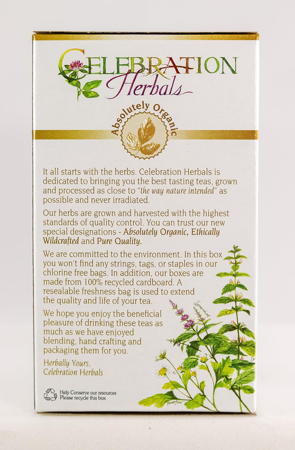 Celebration Herbals Valerian Root Tea label closeup emphasizing organic heritage