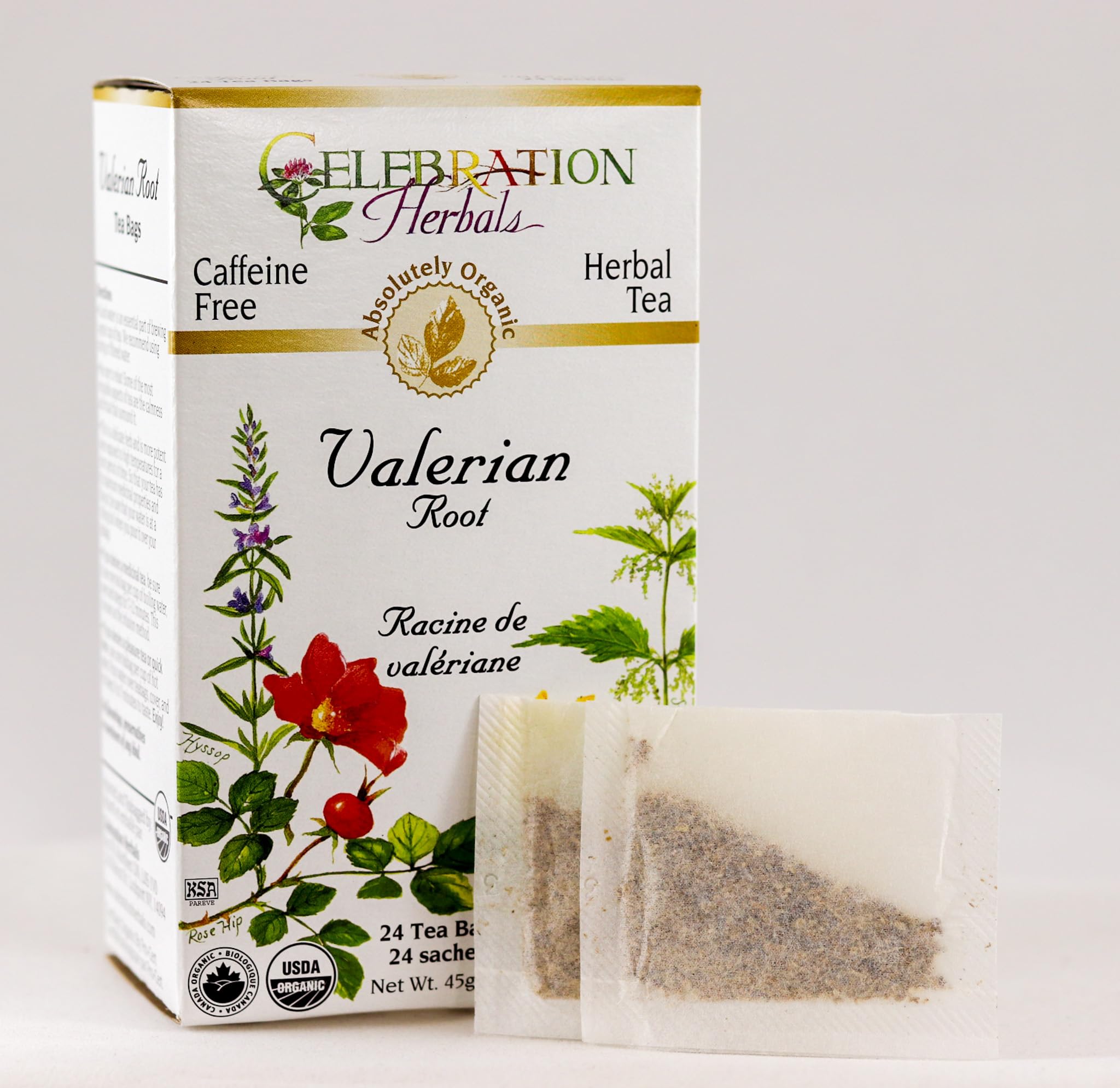 Celebration Herbals Valerian Root Tea packets closeup for organic ingredients