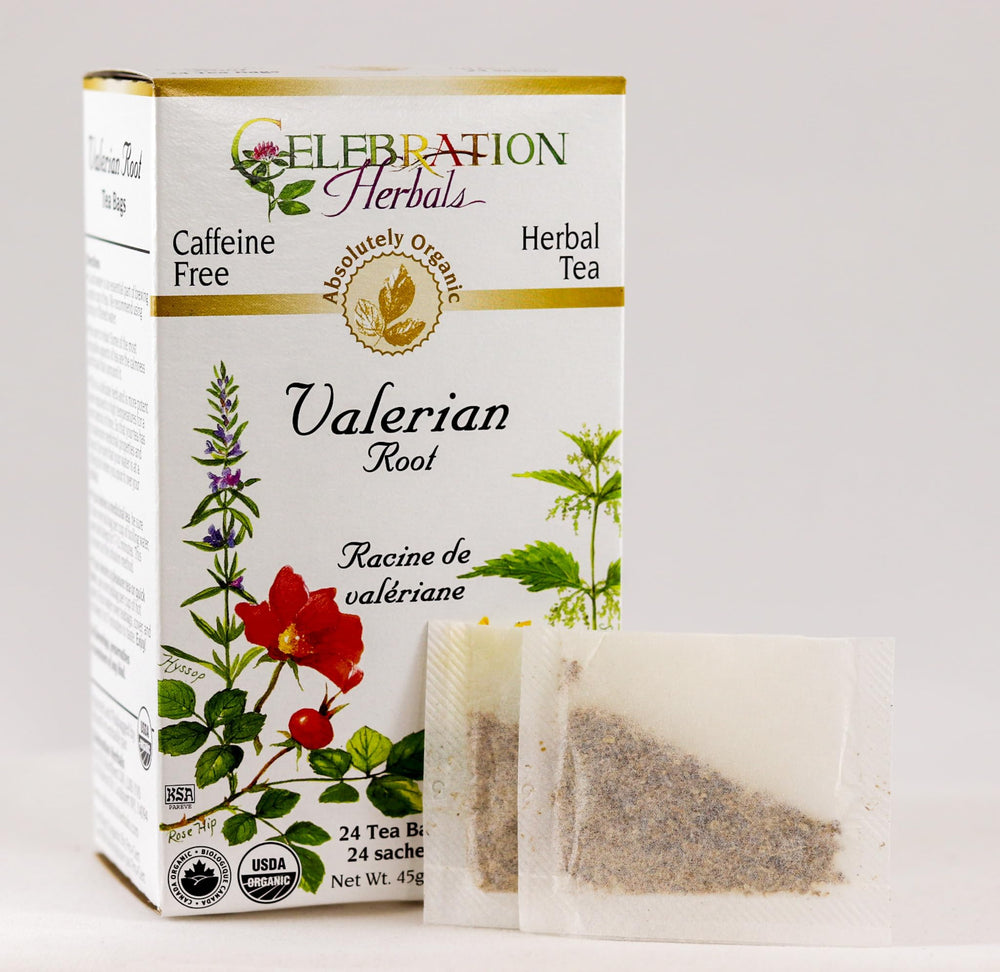 Celebration Herbals Valerian Root Tea packets closeup for organic ingredients