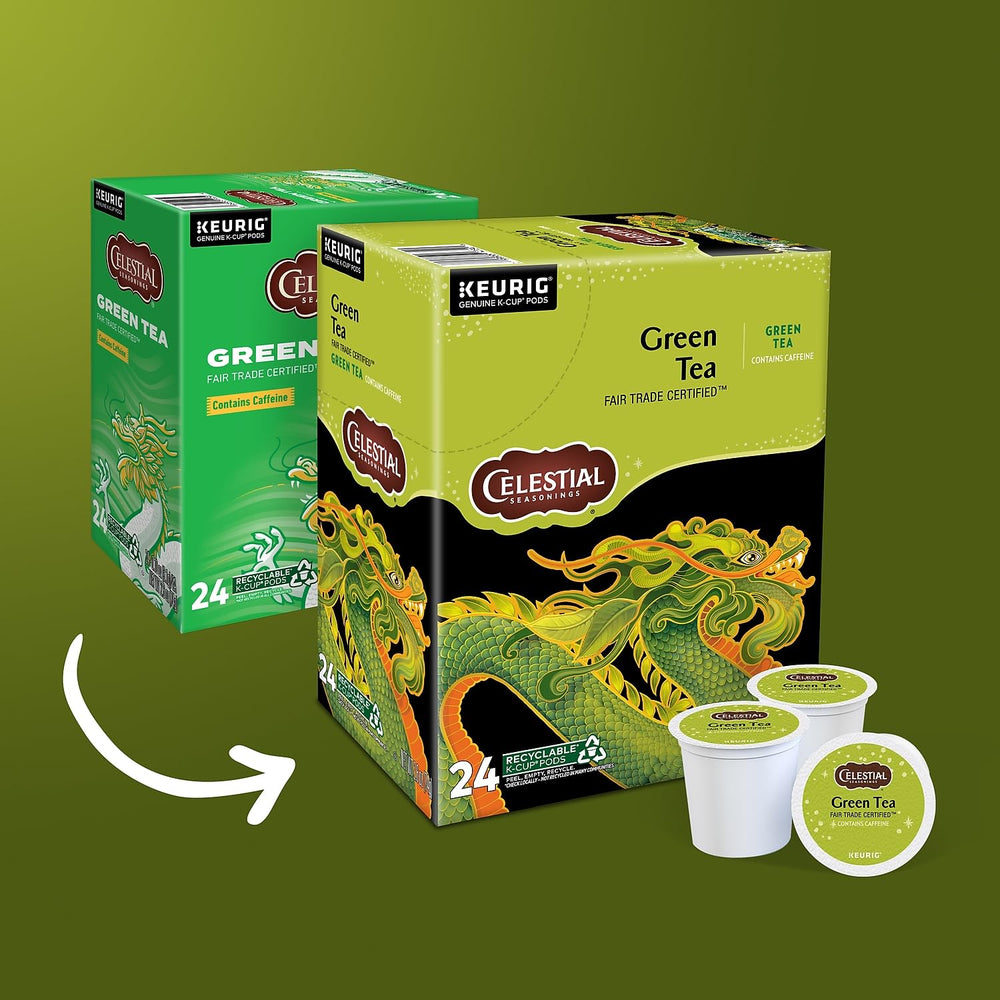 Celestial Seasonings green tea K-Cup box front shows Fair Trade packaging.