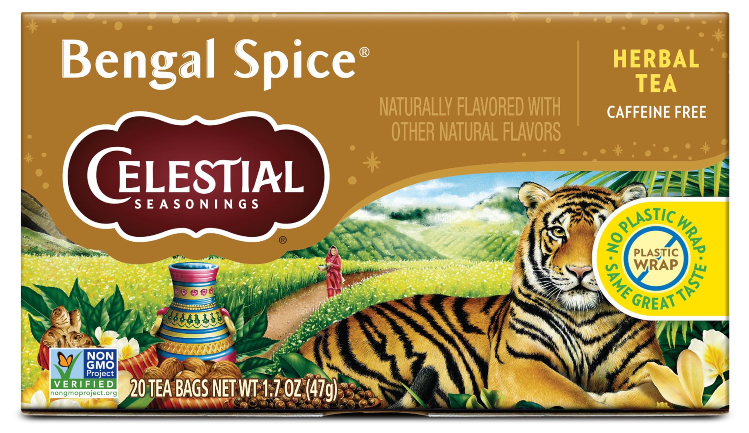Celestial Seasonings Bengal Spice tea bags in box, convenient caffeine-free chai base.