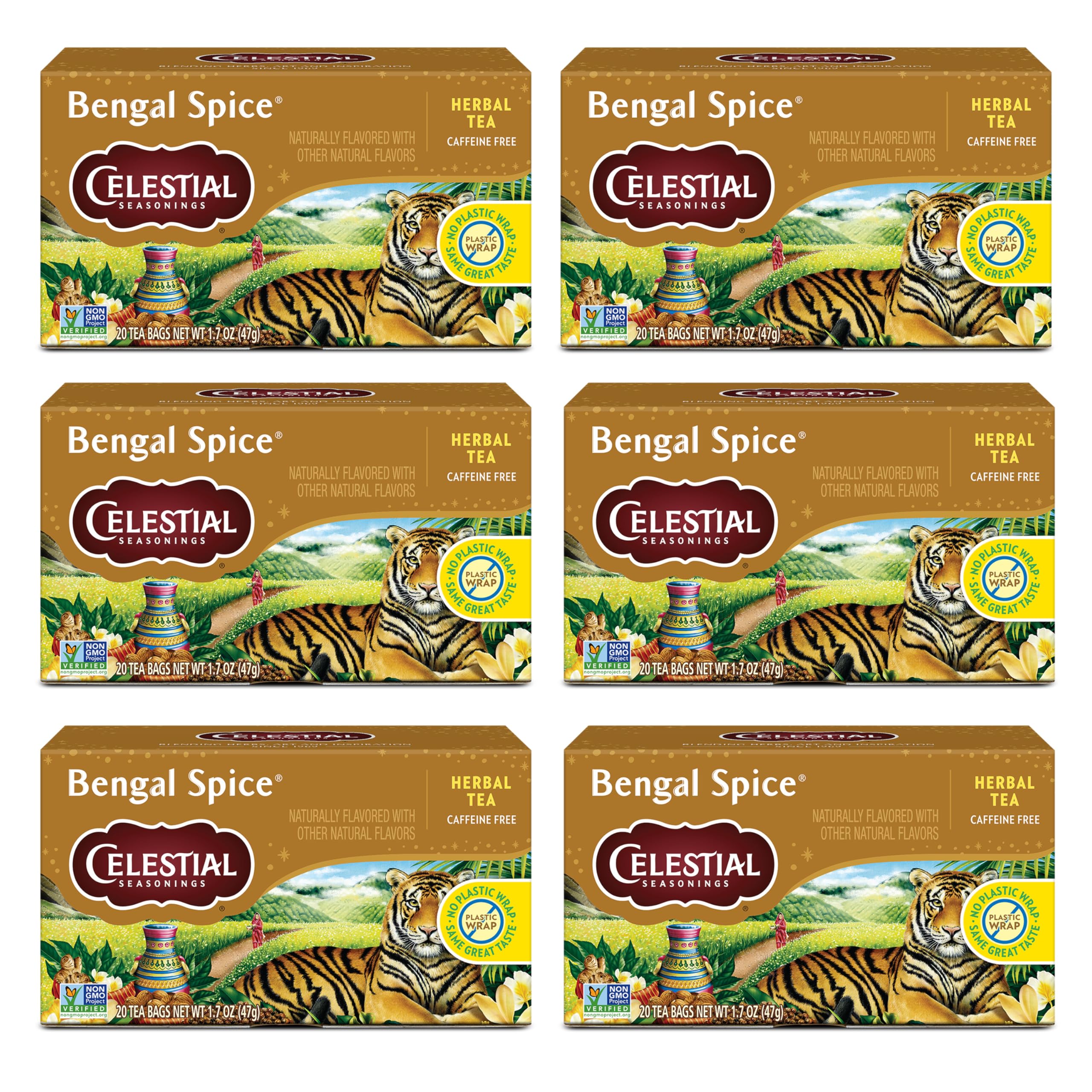 Celestial Seasonings Bengal Spice tea bags offer a caffeine-free chai-inspired brewing experience.